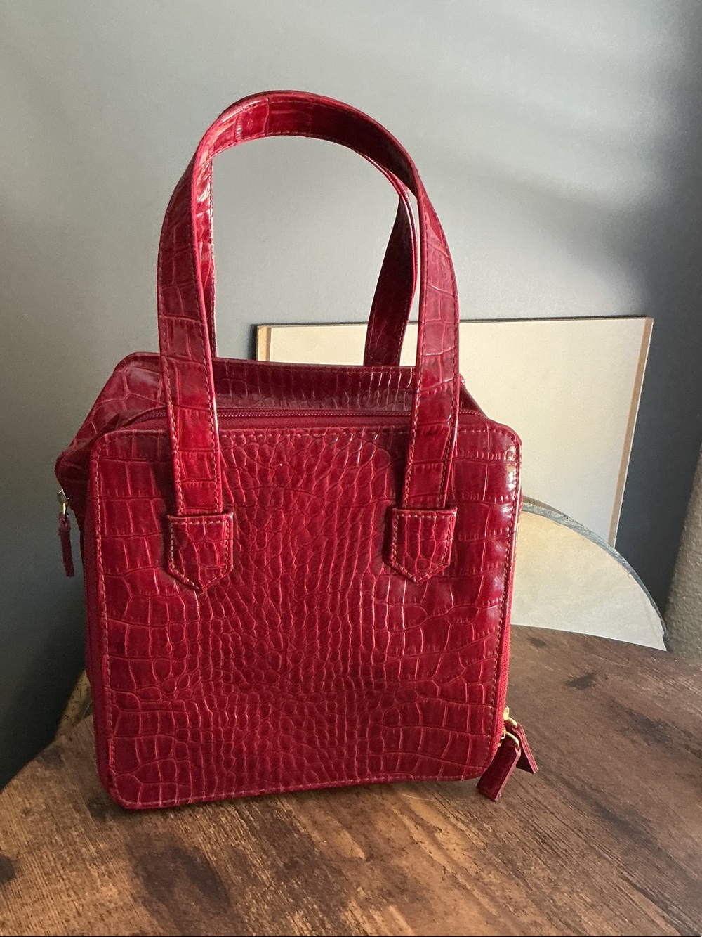 Vintage Red Croc-Embossed Satchel